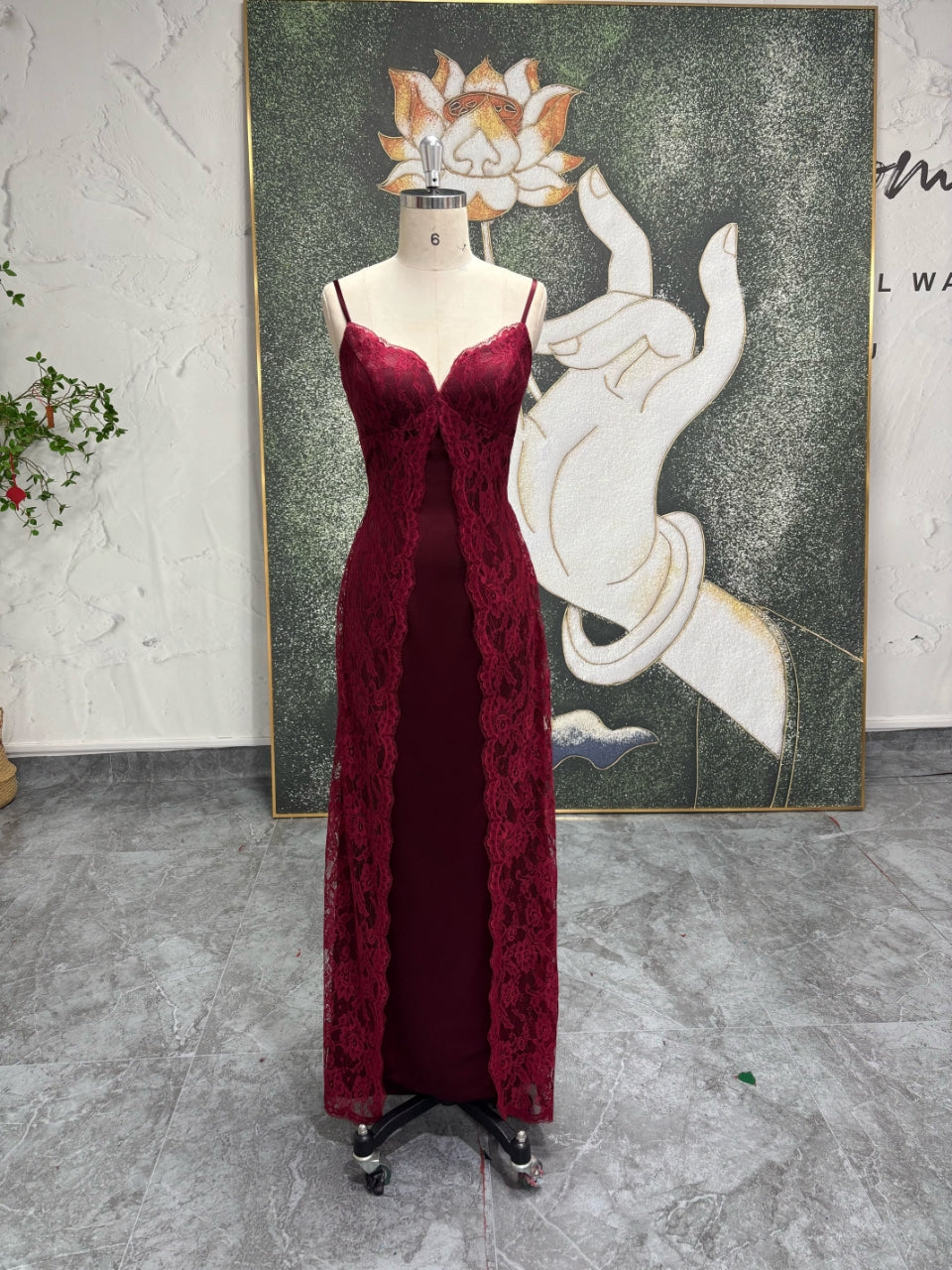 Burgundy Lace 90s Prom Dress