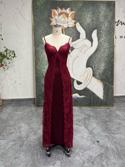 Burgundy Lace 90s Prom Dress