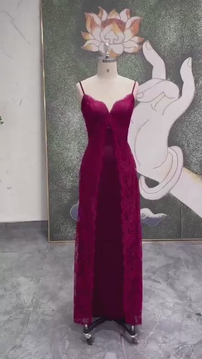 Vintage V-Neck Spaghetti Straps Long Lace Formal Dress